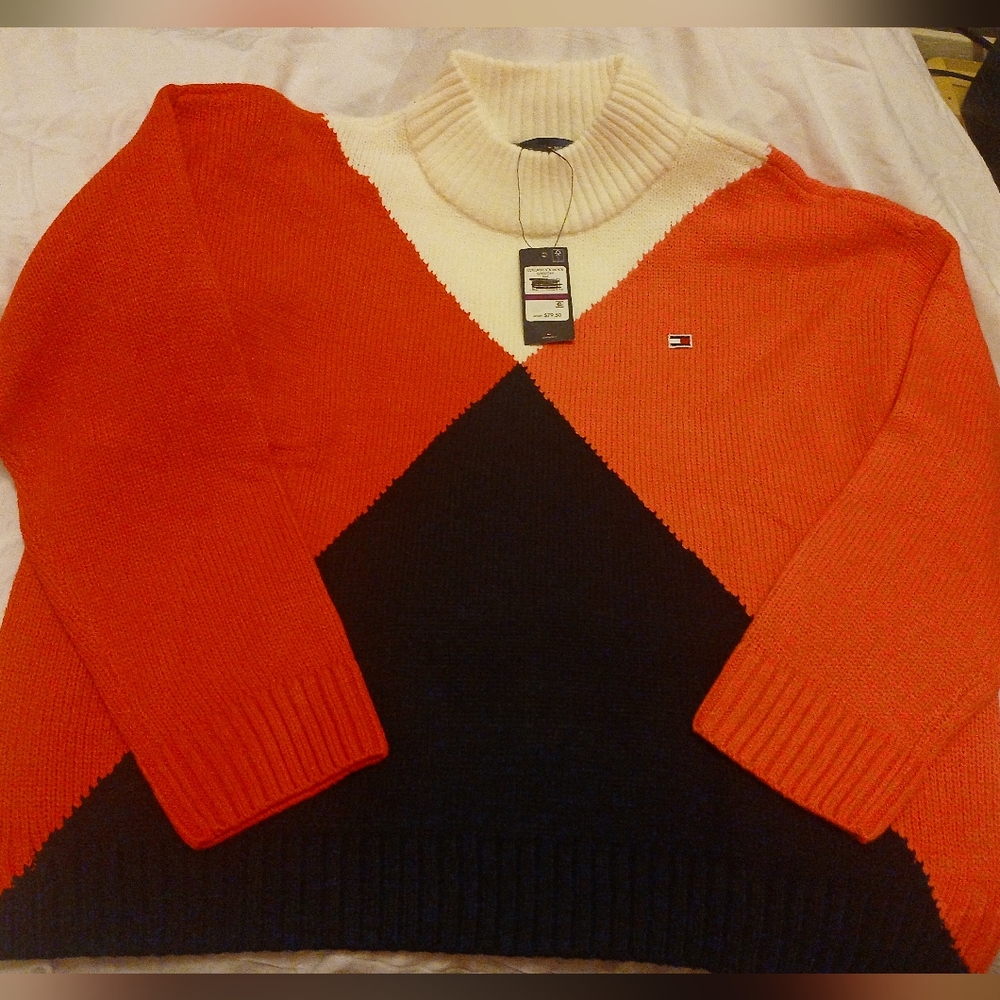 Tommy Hilfiger Womens White Multi-Color Colorblock Mock-Neck Sweater Size XXL